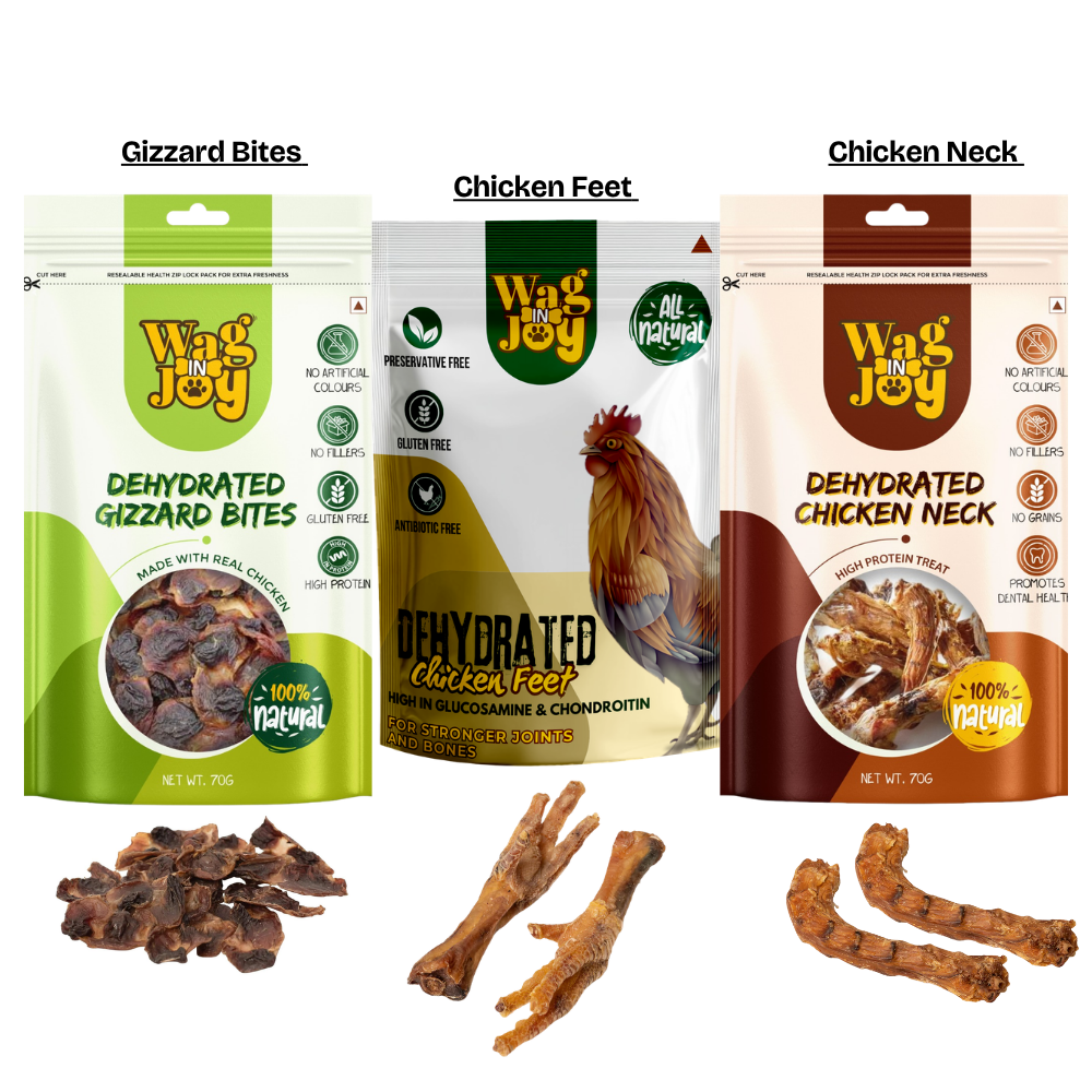 Wag In Joy Dehydrated Chicken Treats Combo Pack of 3 | Chicken Feet, Chicken Neck & Gizzard Bites Natural Dog Treats