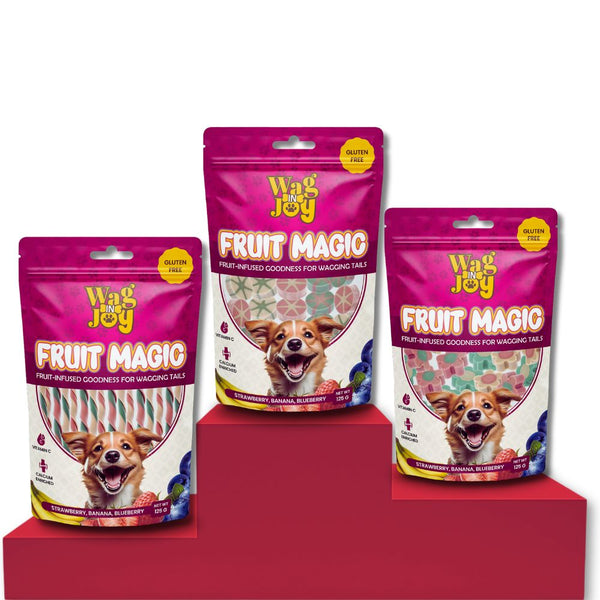 Fruit Magic Dog Treats Combo Pack – Candies, Twisted & Sticks (Pack of 3 | 125gm Each)