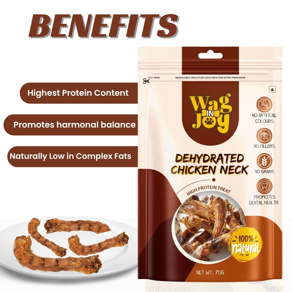 Wag In Joy Dehydrated Chicken Neck Dog Treats | Natural Crunchy High-Protein Chews for Dogs