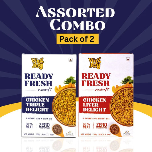 Assorted Combo Pack of 2 – Wag & Joy Ready Fresh Meals (Chicken Triple Delight & Chicken Liver Delight)