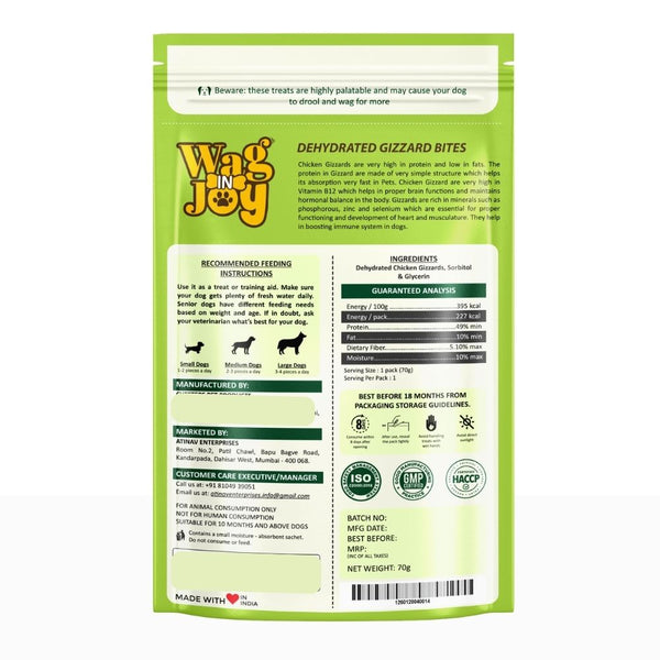 Wag In Joy Dehydrated Chicken Gizzard Bites Dog Treats | Natural High-Protein Healthy Snack for Dogs