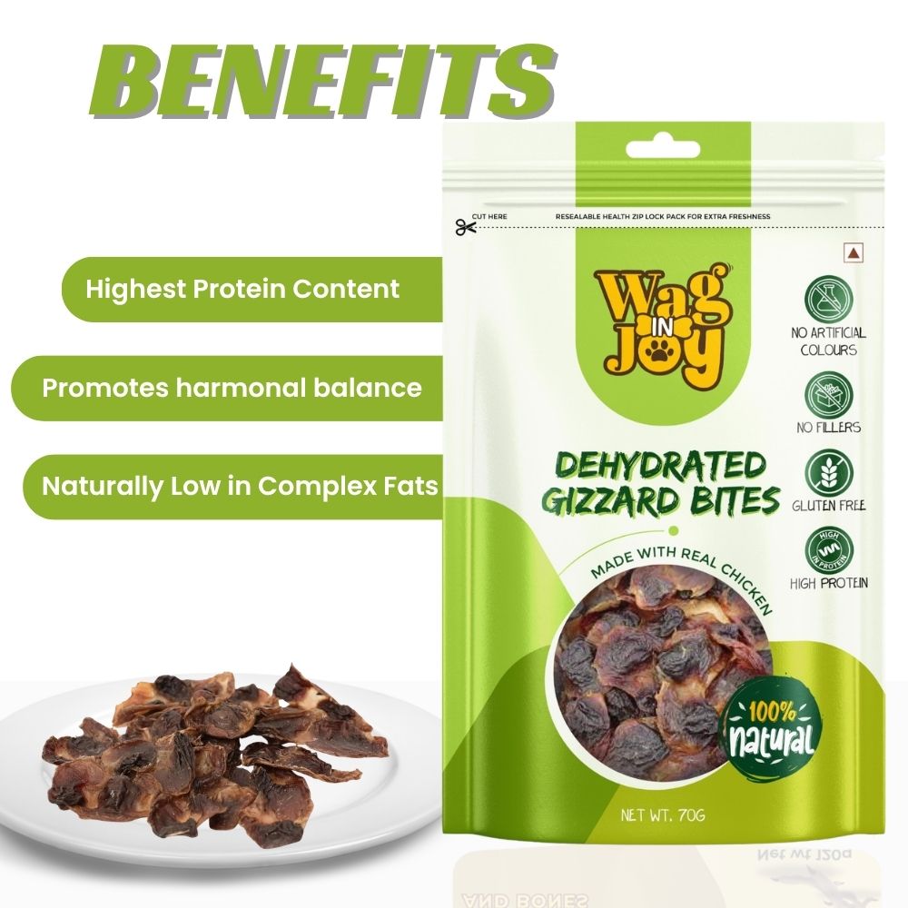Wag In Joy Dehydrated Chicken Gizzard Bites Dog Treats | Natural High-Protein Healthy Snack for Dogs