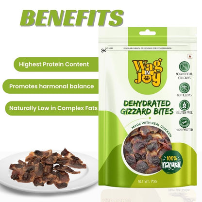 Wag In Joy Dehydrated Chicken Gizzard Bites Dog Treats | Natural High-Protein Healthy Snack for Dogs