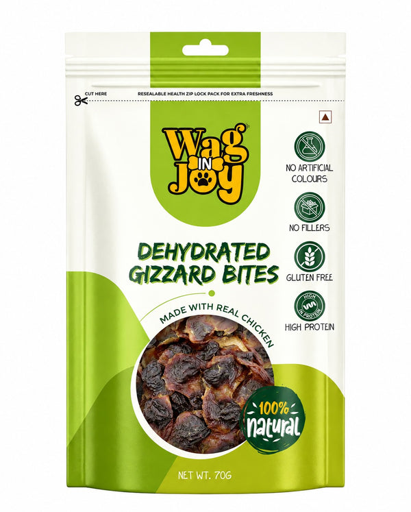 Wag In Joy Dehydrated Chicken Gizzard Bites Dog Treats | Natural High-Protein Healthy Snack for Dogs